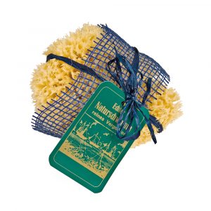 Naturschwamm 13cm, verpackt in Jute blau